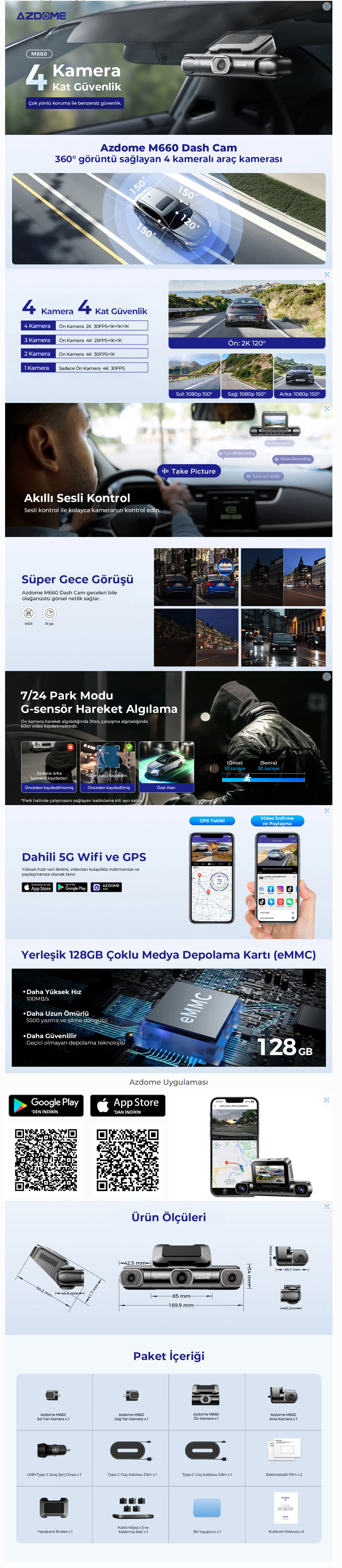 Azdome M660 Dash Cam Azdome M660, 4K ön kamerasıyla geniş açı üç ayrı görüş açısı sunarak yolculuklarınızı tüm yönlerden net kaydeder. GPS, 5 GHz Wi‑Fi ve gece görüşü özellikleriyle aracınızı günün her anında güvende tutar.