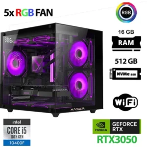 Xaser Cube X130, Intel i5-10400F işlemci, 16 GB RAM, 512 GB NVMe SSD ve RTX 3050 ekran kartıyla oyun ve günlük kullanımda güçlü bir performans sunar. Kompakt tasarımı sayesinde her masaya uyum sağlar.