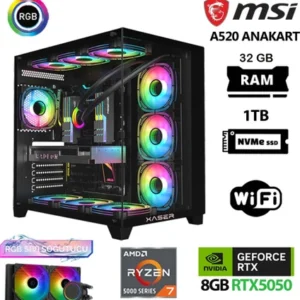 Xaser Delux X07, oyun ve profesyonel işlemler için tasarlanmış güçlü bir masaüstü bilgisayardır. Ryzen 7 5700X işlemci, RTX 5050 ekran kartı, 32GB RAM ve ultra hızlı 1TB NVMe SSD ile kusursuz performans sunar. 240mm sıvı soğutma ve RGB destekli kasa sayesinde hem serin hem de görsel açıdan şık bir oyun deneyimi sağlar.