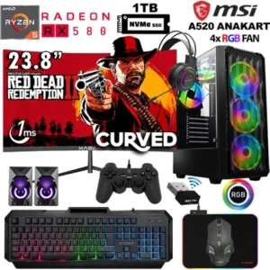 Xaser Armor X60, Ryzen 5 5500 işlemci, 32 GB RAM, 1 TB NVMe SSD ve RX580 8 GB ekran kartıyla güçlü performans sunar. 24″ 100 Hz curved monitör ve RGB kasa tasarımıyla oyun keyfini üst seviyeye taşır.