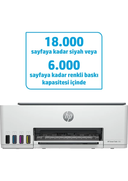 HP Smart Tank 580, kablosuz bağlantı, baskı, tarama ve fotokopi özellikleriyle ev ve ofis kullanımı için yüksek verimli renkli yazıcı çözümüdür.